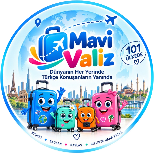 Mavi Valiz logosu: dünya haritası önünde mavi valiz ve el sallayan dört valiz karakteri